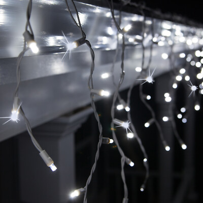Wintergreen Lighting 70 LED White Twinkling Icicle Lights White Wire 7'