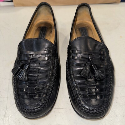 Johnston and Murphy Mens Dress Tassel Loafers Woven Black Leather 1/2  M