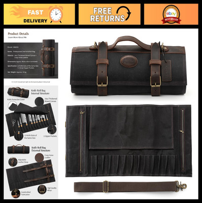 Professional Chef Knife Roll Bag - 12 Slots, Waxed Canvas & Leather, Travel Pouc