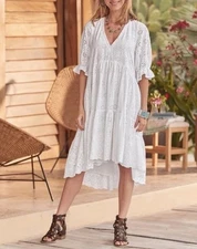 NWOT Sundance Jasmine Eyelet White Lined Tiered Hi Low Midi Dress Pockets Boho M