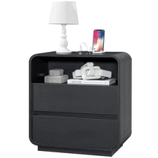 Black Nightstand with Charging Station, 25" Tall Wood Bedside Table, Modern E...