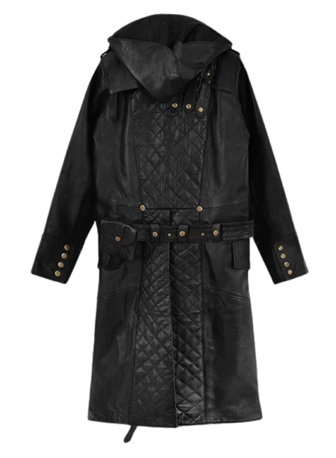 Mens Black Lambskin Leather Hooded Trench Coat Full Length Duster Overcoat Wears image 10