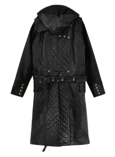 Mens Black Lambskin Leather Hooded Trench Coat Full Length Duster Overcoat Wears image 10