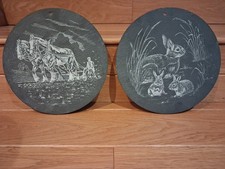 Two Beautiful Etched Slate Display Plates