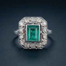 Antique Art Deco era 0.8ct Emerald Diamond Platinum Ring French work