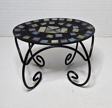 Small Mosaic Side Table Dark Metal Frame Curved Legs Multicolored Glass Tile Top