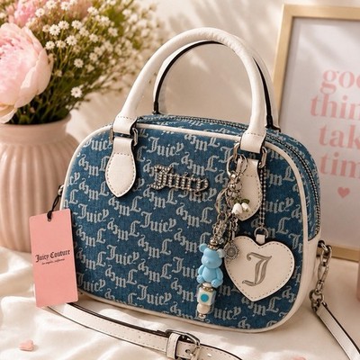 Juicy Couture Denim Monogram Crossbody Satchel Bag Blue White Heart Charm NWT