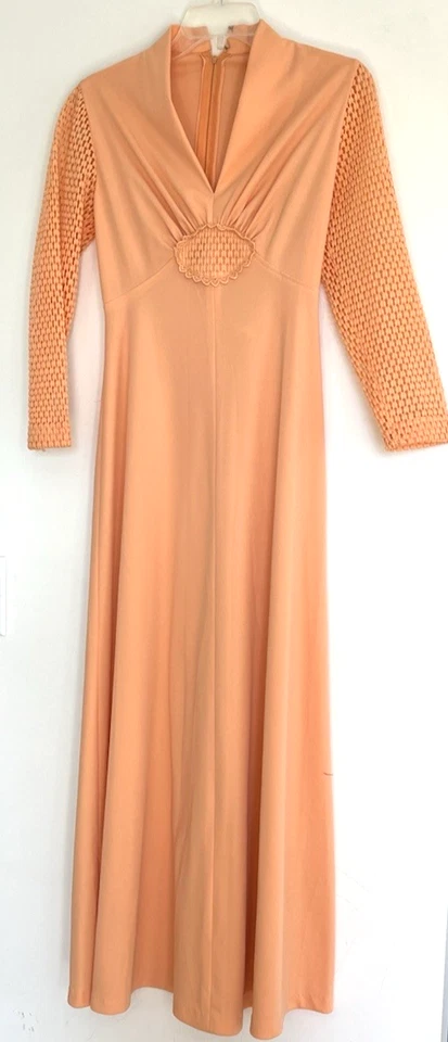 Maxi Vestido De Colección Melocotón Años 70 Anfitriona Mod Manga Larga Cuello en V Boho Hippie Hecho en Unión Foto 2 de 4