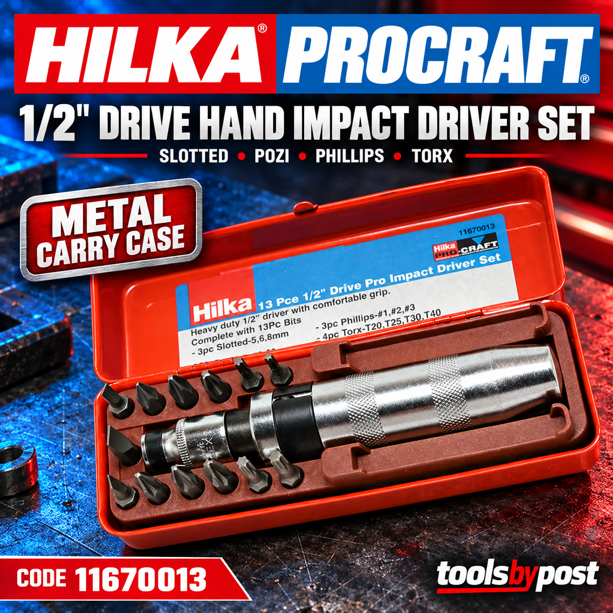 Hilka Heavy Duty 1/2"" Dr Hand Impact Screw Driver 13 Impact Screwdriver Bits - Image 4