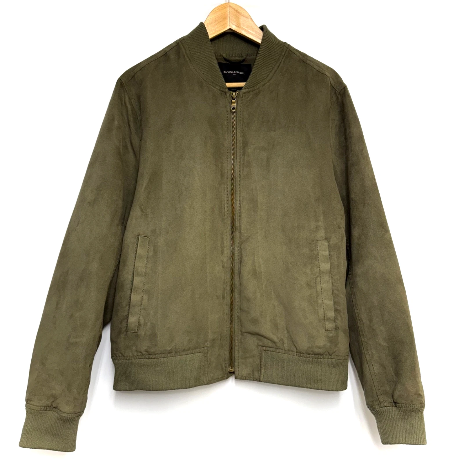 Banana Republic Men’s M Bomber Jacket Faux Vegan Suede Full Zip Pockets Green - product detail image 2