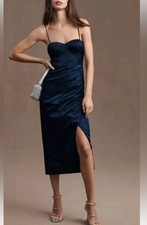 BHLDN Levi Corset Rushed Satin Jacquard Side Slit Midi Dress- Navy -(Size 12)NEW