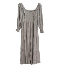 In Loom Blue Smocked Ruffle Tiered Midi Dress Long Sleeve Cottagecore Prarie