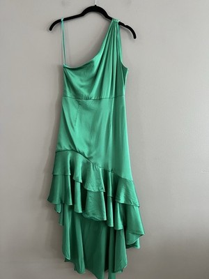 Cinq à Sept Colina Satin One Shoulder Asymmetric Ruffle Silk Dress Green 4 Flaw