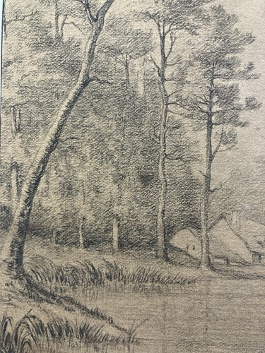 Dessin à la pierre noire Vers 1850 représentant des pêcheurs Ecole de Barbizon - Picture 10 of 14