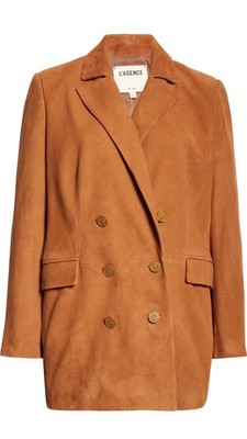 L'AGENCE Aimee Relaxed Fit Double Breasted Suede Blazer Sz 12 NWT $1650 #cognac