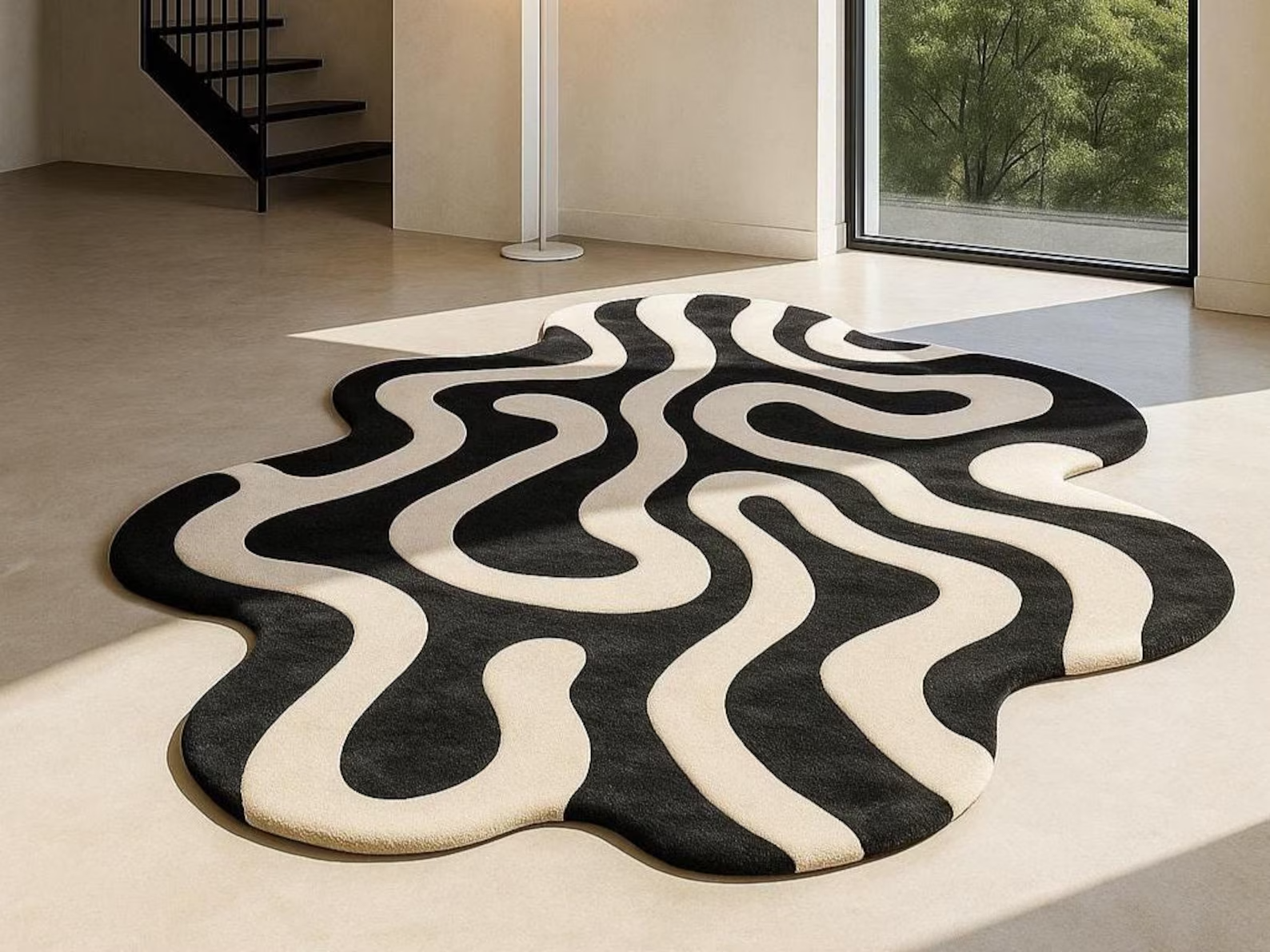 6x9|7x10 Hand Tufted New Zealand Wool Wavy Rug: Black & Cream Abstract Carpet