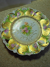 RS Prussia Decorative Plate White Gold Pink Green Floral Glossy Round Scalloped