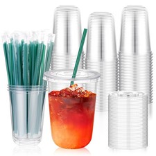 50 Sets 16 oz Plastic Cups with Lids and Straws, Clear Disposable Iced Coffee...