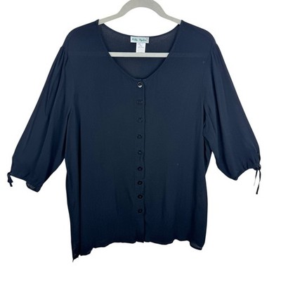 Ulla Popken Black Rayon Chiffon 3/4 Sleeve Lightweight Button Up Blouse Sz 16 18