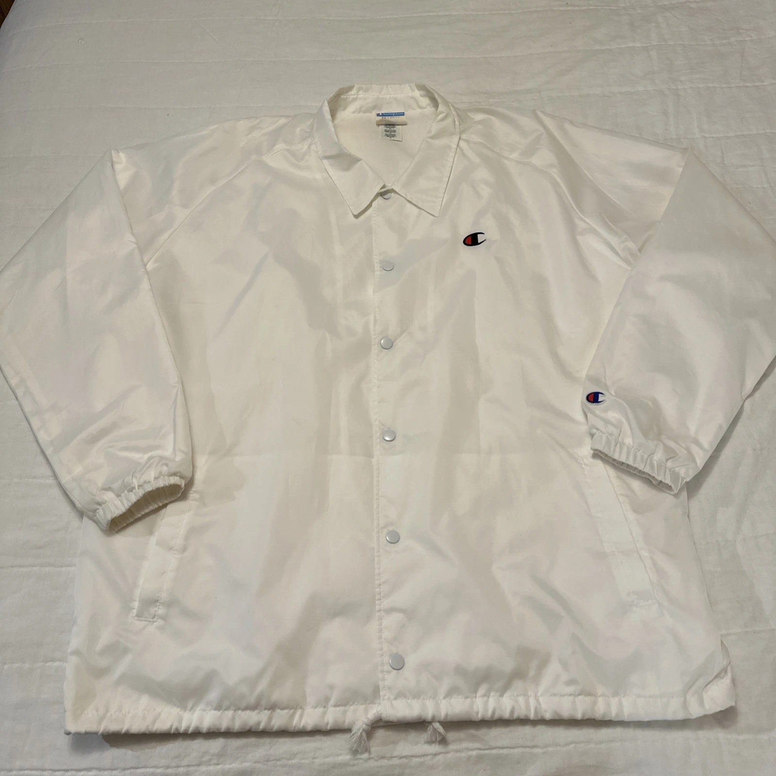 Champion Jacket Unisex 3XL White Lined Windbreaker Coach Snap Front Small “C”