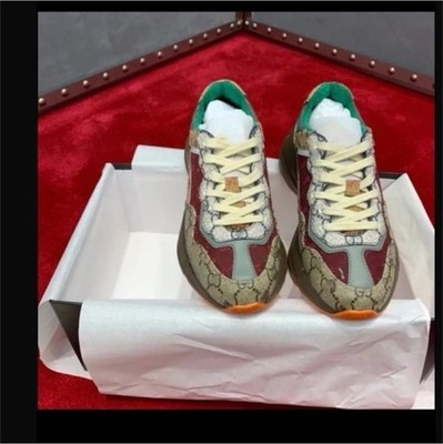 Gucci Designer Logo Low Top Lace Up Athletic Sneakers Beige Red Green for Men