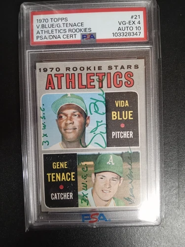 1970 TOPPS VIDA BLUE GENE TENACE RC PSA 4 DUAL AUTO 10 INSCRIPTIONS 3 WSC