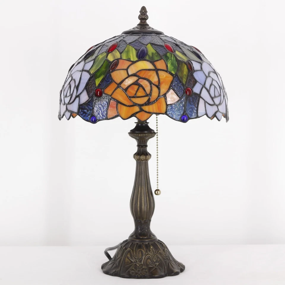 Tiffany Lamp Stained Glass Orange Red Rose Flower Style Table Lamp Desk Readi... - Image 4 of 4