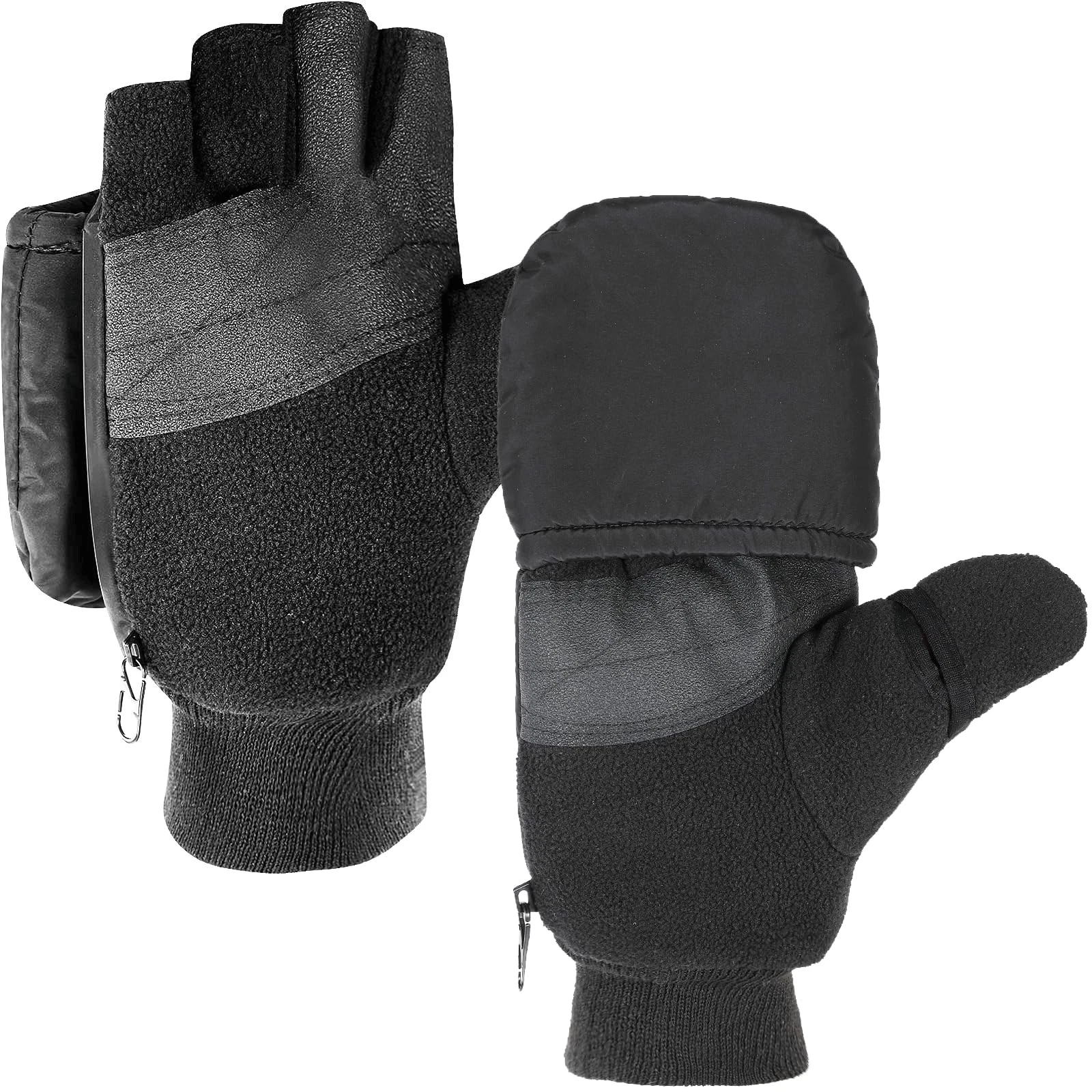 Jecery 2 Pairs Ice Fishing Gloves Convertible Mittens Flip Medium, Black