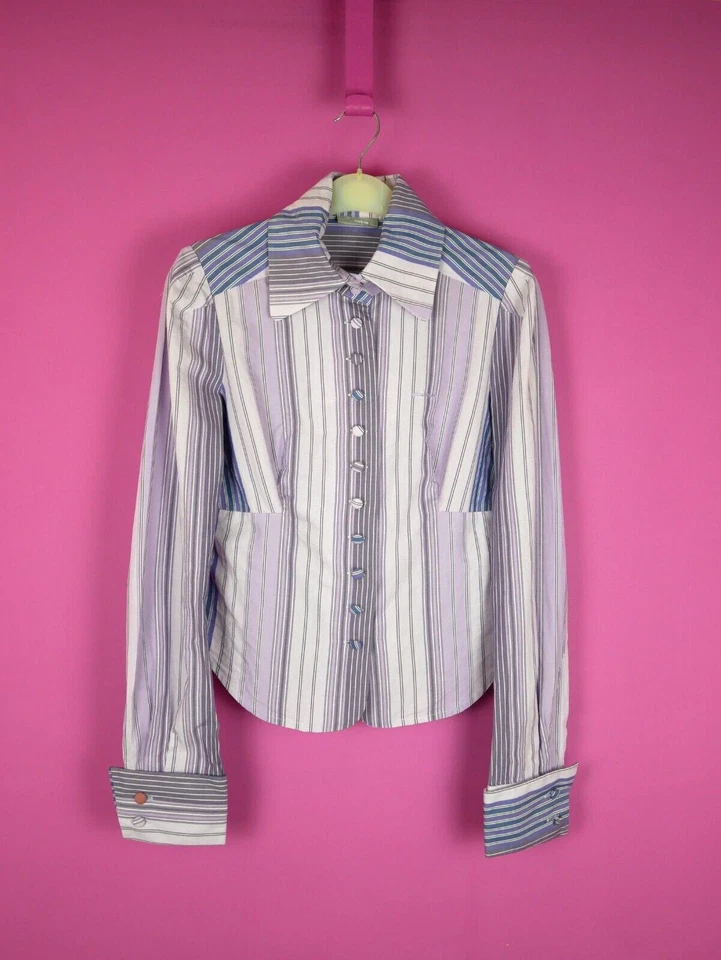 Blusa Camisa Top Vintage Firetrap Púrpura Rayas Recortada Años 90 Y2k Patrón Pequeña 8 10 Foto 2 de 4