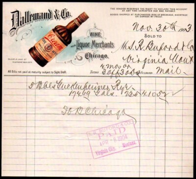 1903 Chicago IL - Dallemand & Co - Wine Pure Cream Rye - Color Letter Head Bill