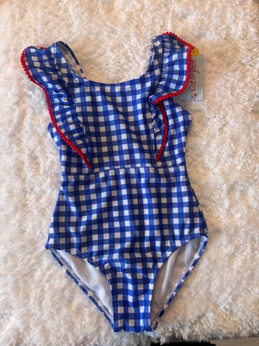 Cat & Jack Girls One Piece Swim Suit Plaid Blue White Red Trimmings Size S (6-7)