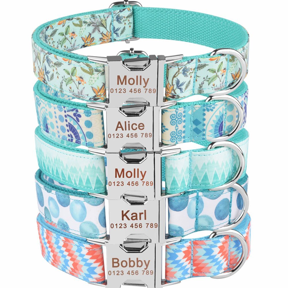 Blue Dog Collar Personalized Custom Engraved Pet Name Durable Nylon Metal  Buckle