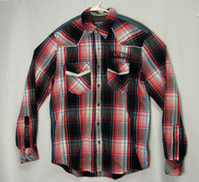 Affliction Red Black Plaid Embroidered Spell Out Button Front Shirt Mens Large