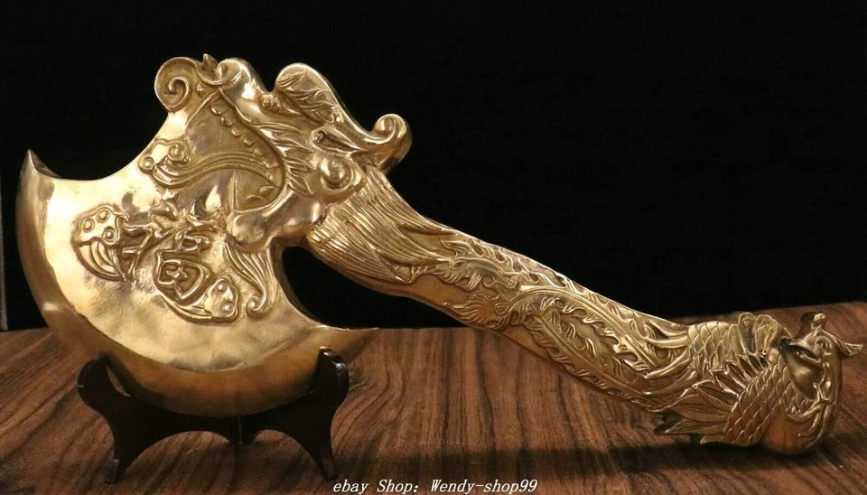 18" Antigua Dinastía Cobre Dorado Feng Shui Dragón Fénix Bestia Hacha Hacha Arma Estatua Foto 4 de 4