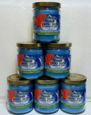  Smoke Odor Exterminator 13 oz Jar Candle, Clothesline Fresh Set of Six Candles.