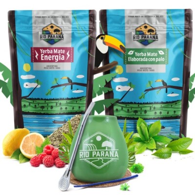 Mate Tee Rio Parana Guarana Energia Elaborada Yerba 2x500g Bombilla Grün 300 ml