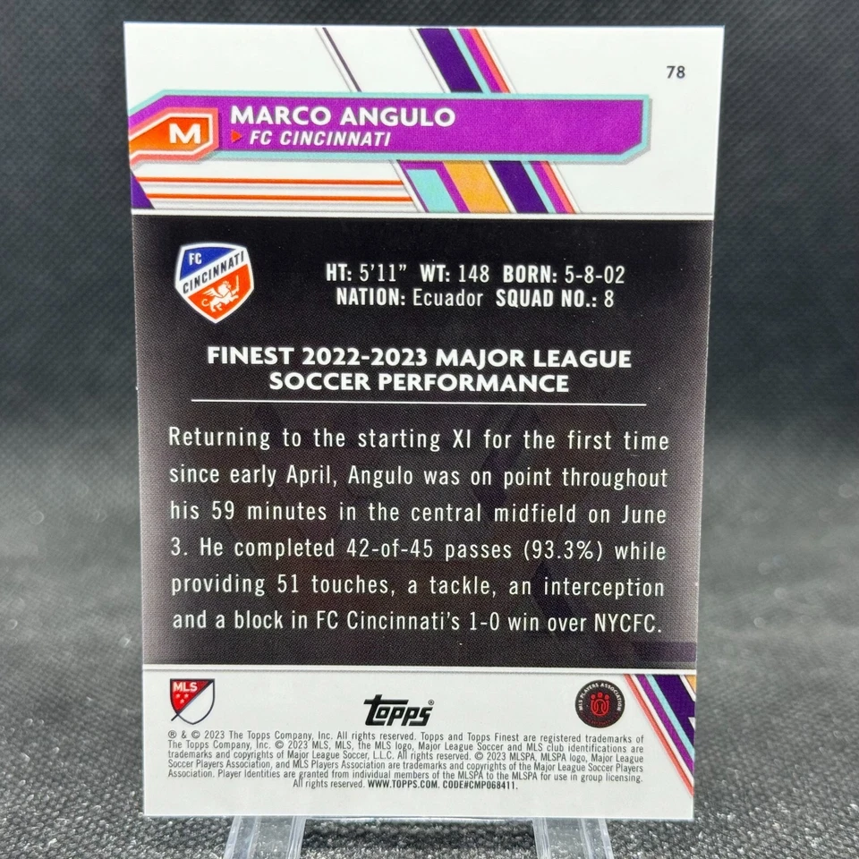 Marco Angulo 2023 Topps Finest MLS Blue Refractor /150 Rookie FC Cincinnati #78 - Image 2 of 2
