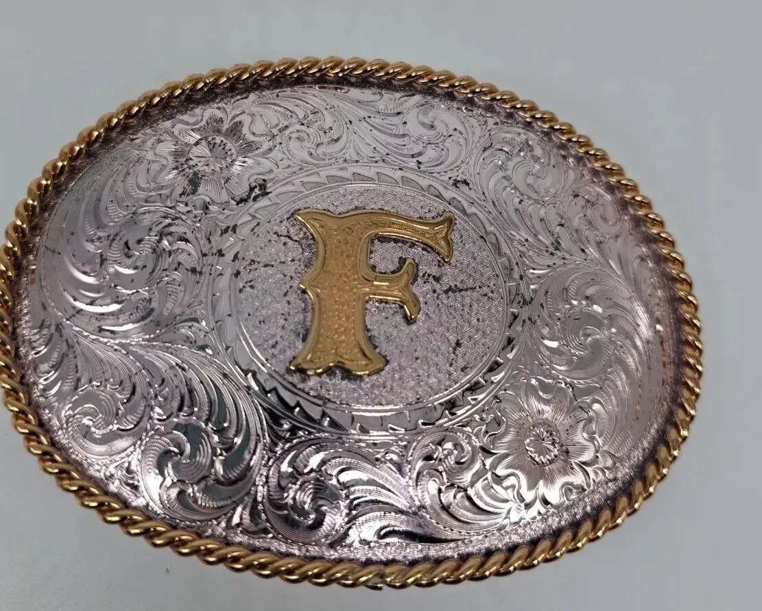 Initial Silver Engraved Gold Trim Western Belt Buckle by Montana