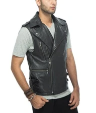 Vest Leather Men's Biker Motorcycle Jacket Men Pockets Concealed Carry Black 5