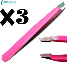 3× Pro Premium Tweezer Pink Slanted Tip Eyebrow Hair Removing Beauty Tools