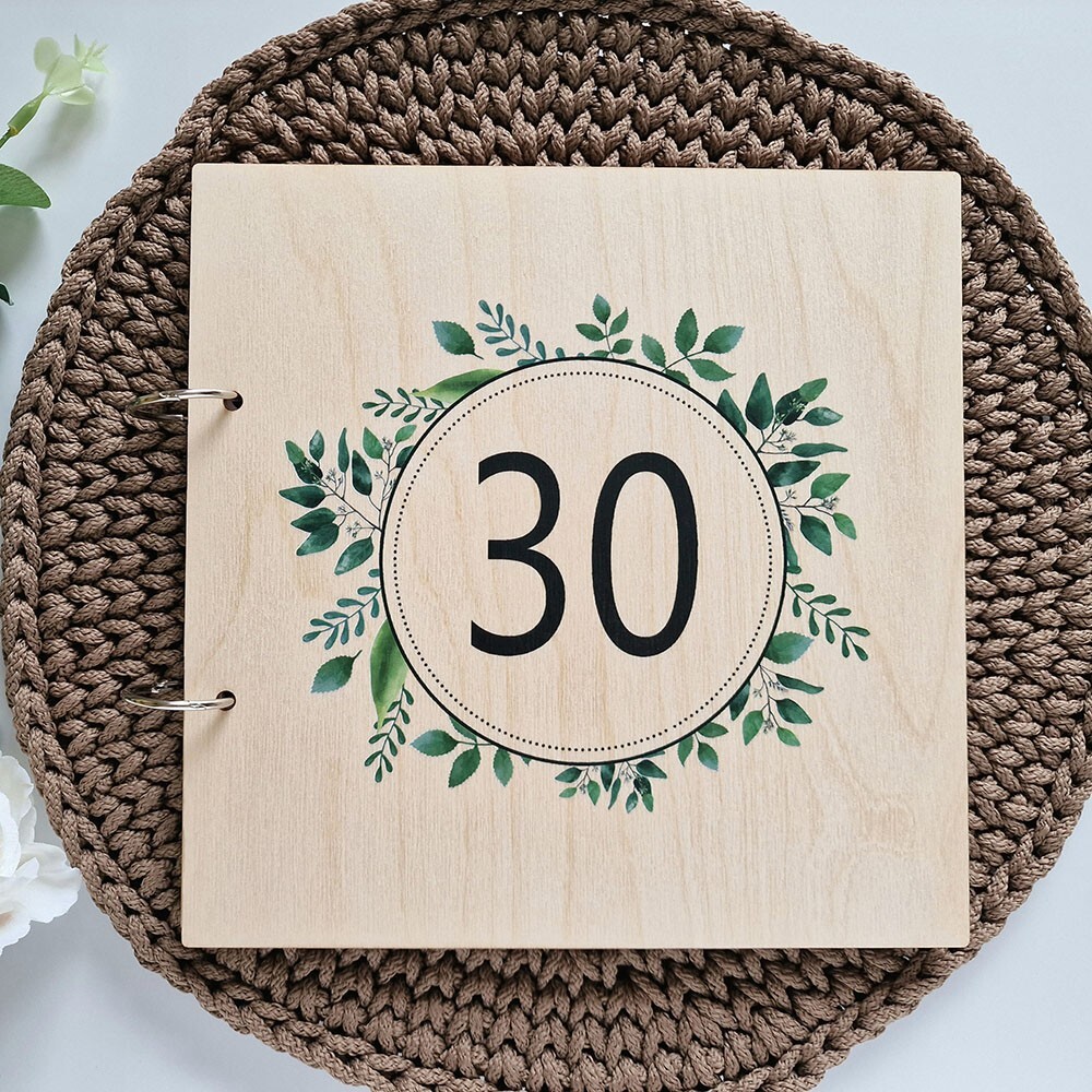 30th Birthday Guest Book Photo Album Gift Flower Leaves Wooden Cover Scrapbook