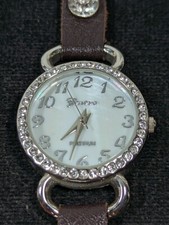 Geneva White Dial Crystal Accent Round Silver Tone Case Brown Wrap Band Watch