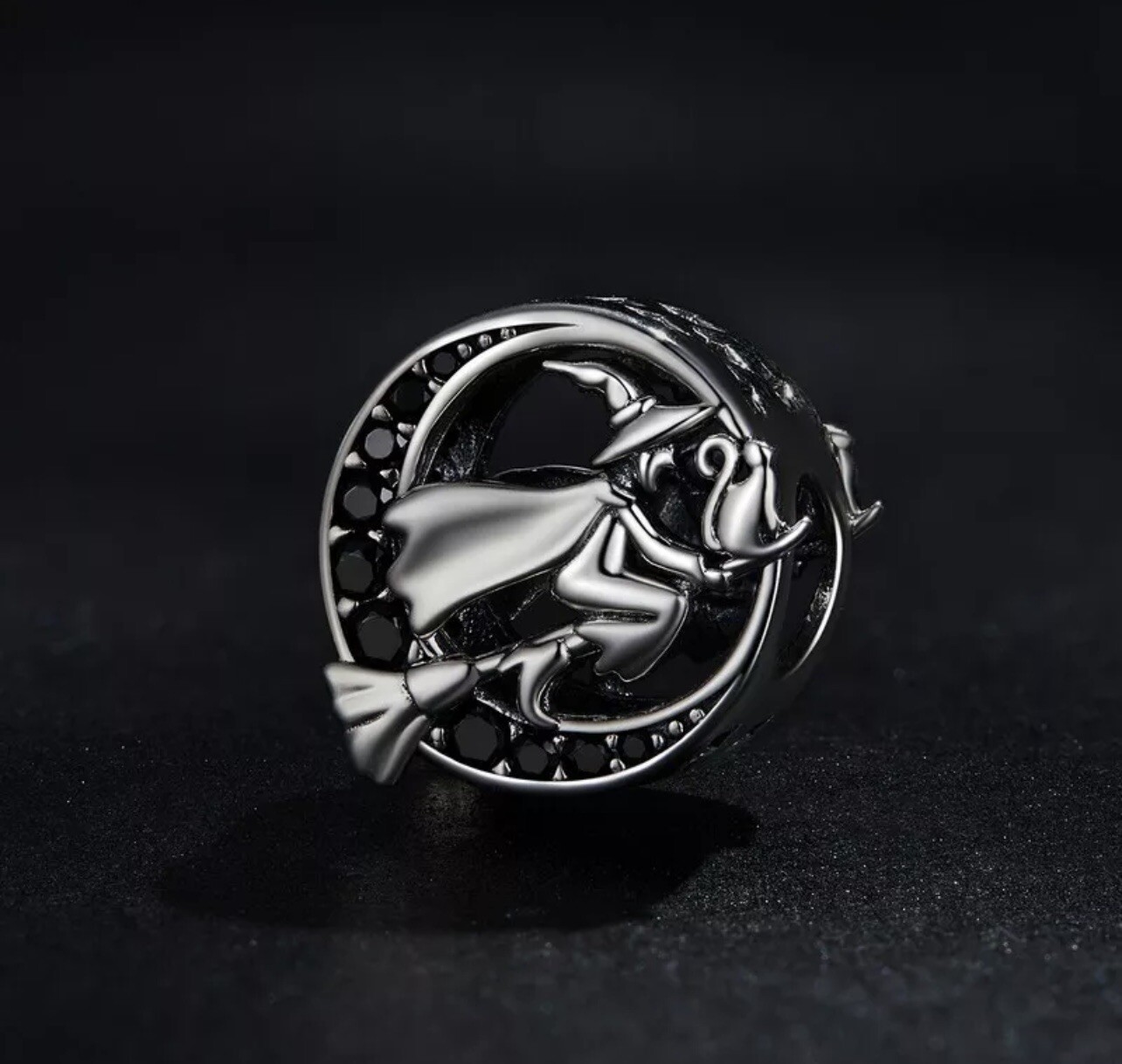 Witch On Broom Charm Bead Flying Halloween Cat Genuine 925 Sterling Silver Gift