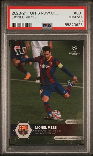 2020-21 Topps Now UCL Fußball #001 Lionel Messi FC Barcelona PSA 10 EDELSTEINE NEUWERTIG - Bild 5 von 6