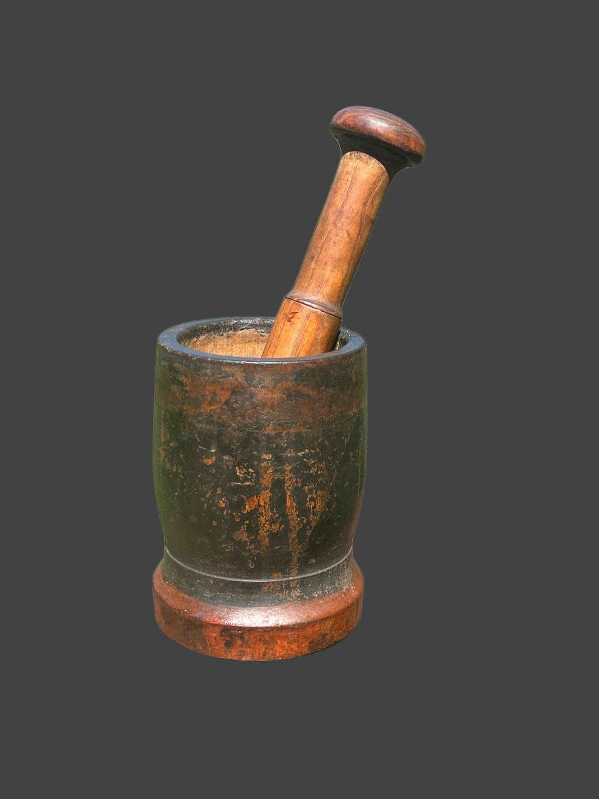 Very Large Antique Primitive 19th C Black & Red Painted Wooden Mortar & Pestle