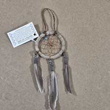 Authentic Navajo Dream Catcher Handcrafted GREY Beads Feathers 2" Diameter