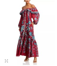 Farm Rio Red Tropical Landing Off The Shoulder Maxi Dress NWT XS Maroon Burgundy
