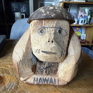 Vintage Hawaii Coconut Monkey Coin Bank  8” Tall Hand Carved Piggie Bank