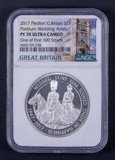 2017 Piedfort UK Platinum Wedding £5 Silver Proof NGC PF70 U-Cam 1st 500 RB238