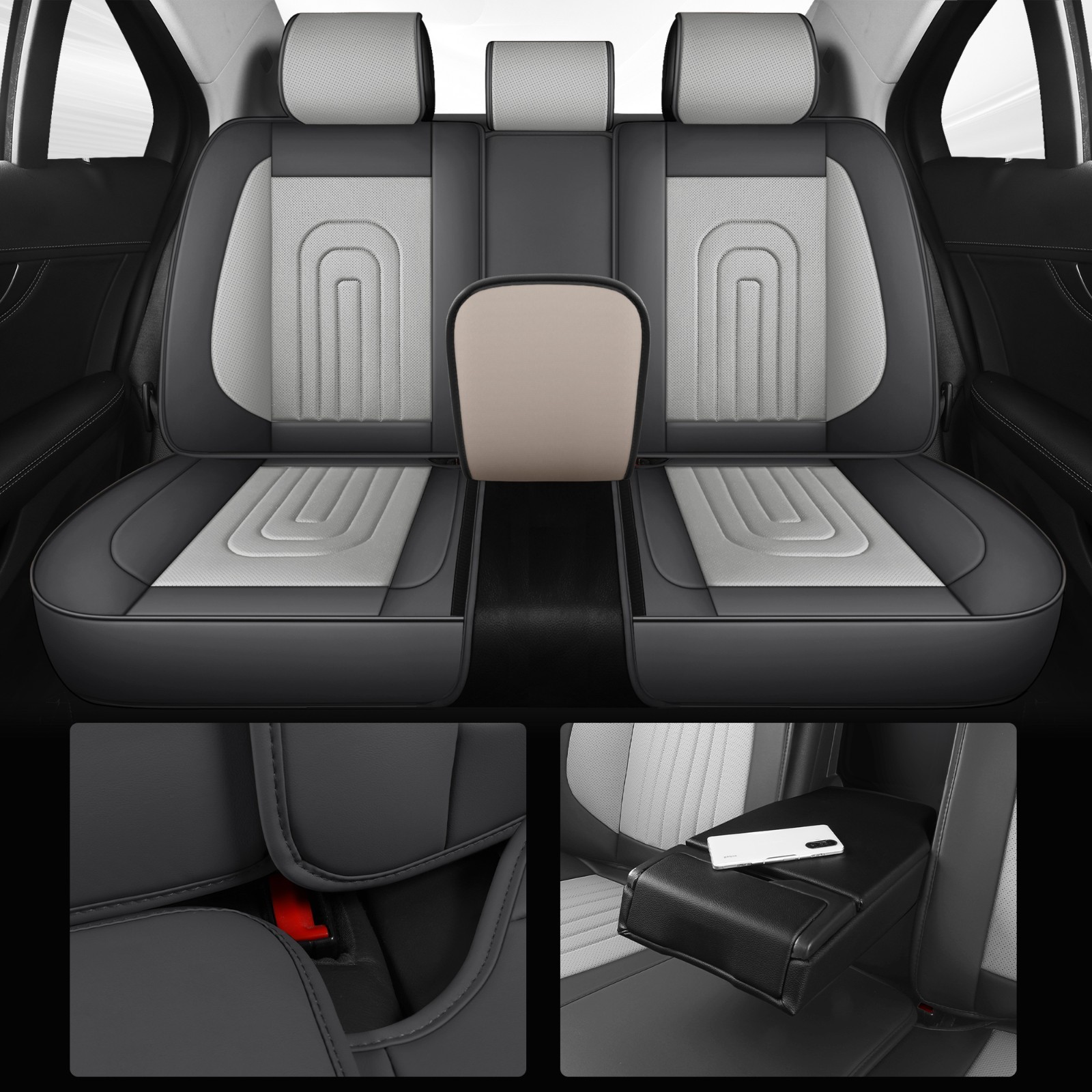 Menifomory Leather Seat Covers with Lumbar Support Fit Car Auto SUV Gray